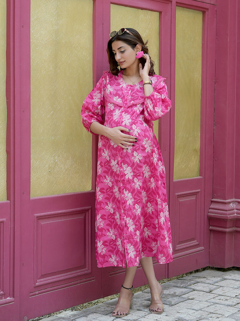 Fuchsia Floral Printed Maternity & Nursing Midi Dress