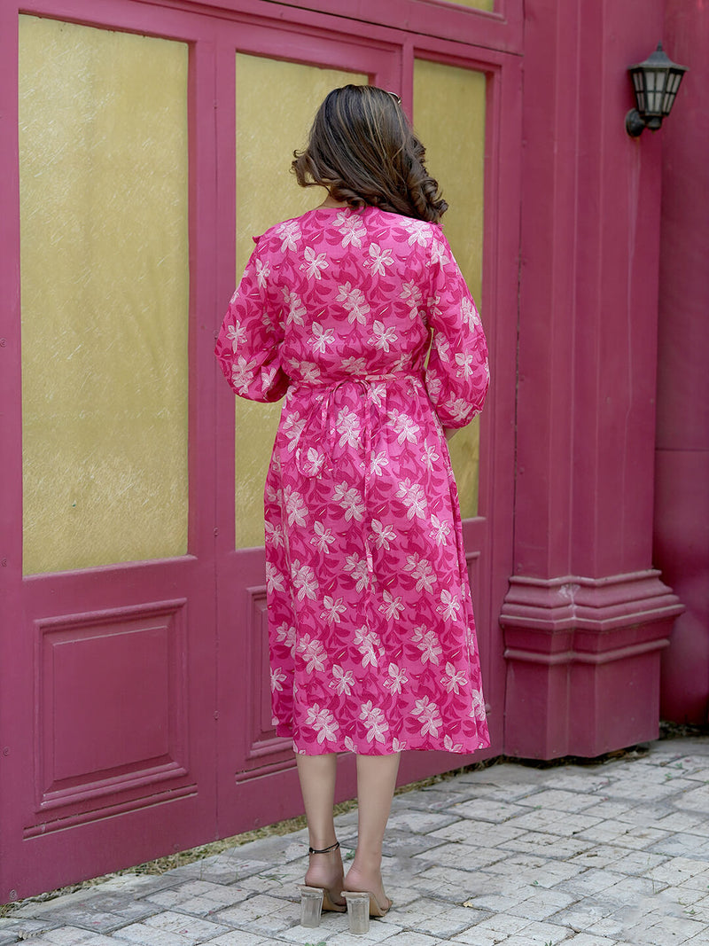 Fuchsia Floral Printed Maternity & Nursing Midi Dress