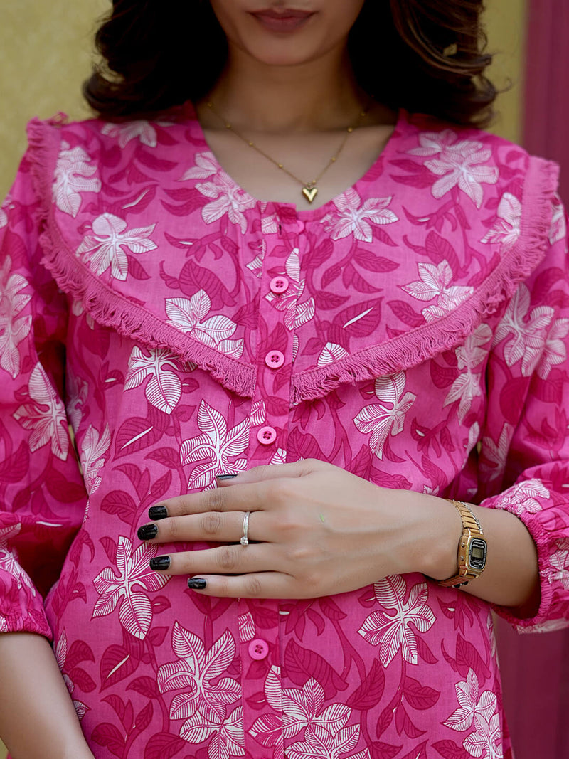 Fuchsia Floral Printed Maternity & Nursing Midi Dress