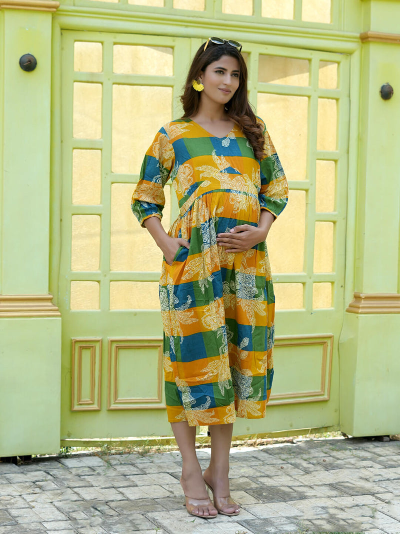 Mustard Multi Ethnic Printed Maternity & Nursing Midi Dress with Concealed Feeding Zippers