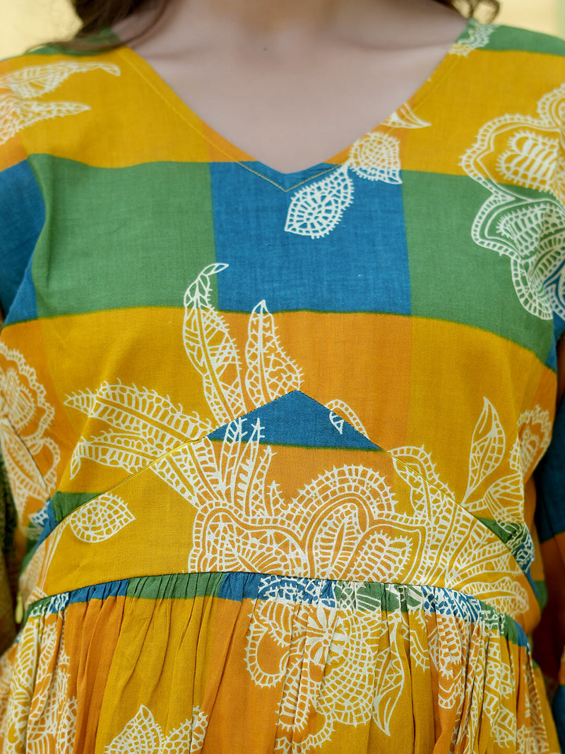 Mustard Multi Ethnic Printed Maternity & Nursing Midi Dress with Concealed Feeding Zippers