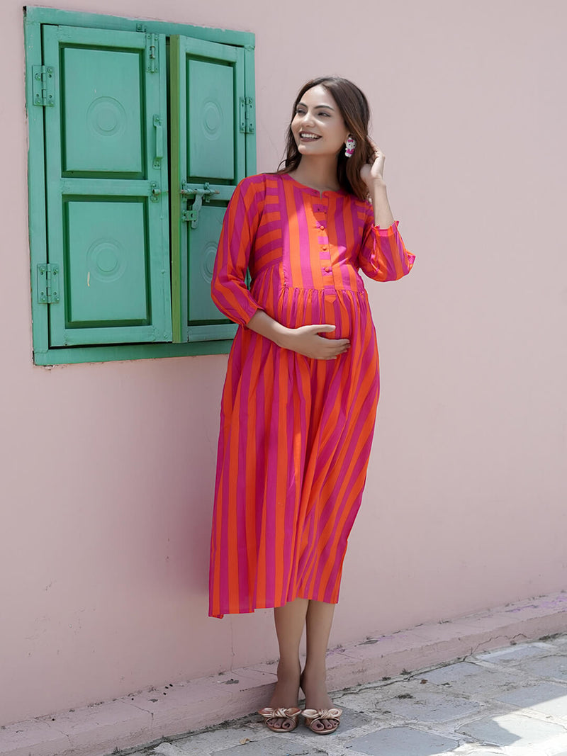 Orange Fuchsia Striped Printed Maternity & Nursing Midi Dress with Concealed Feeding Zippers