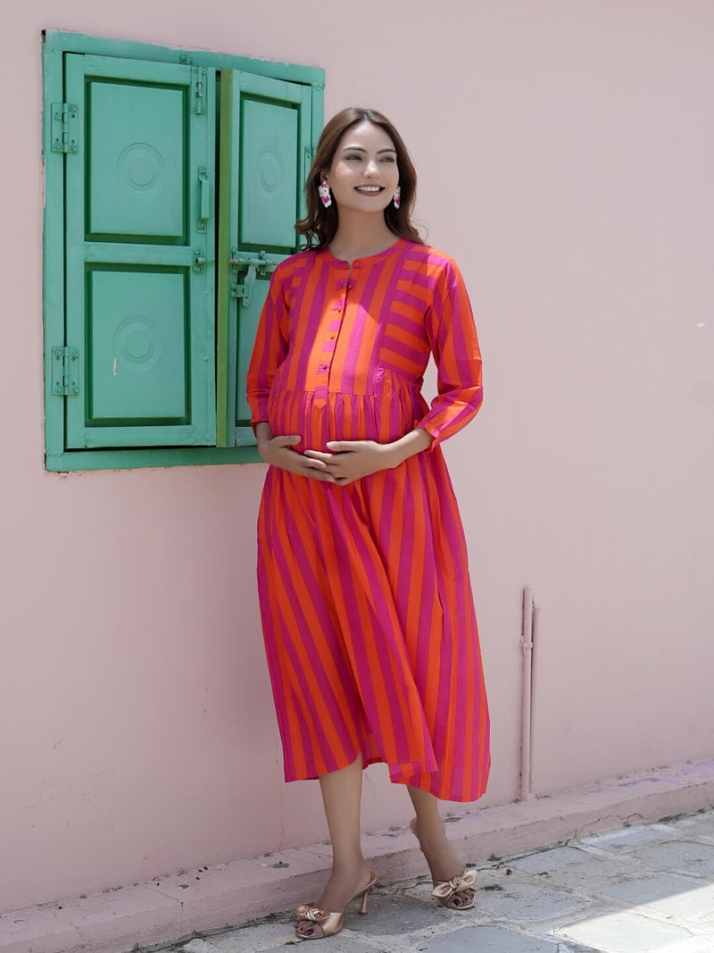 Orange Fuchsia Striped Printed Maternity & Nursing Midi Dress with Concealed Feeding Zippers