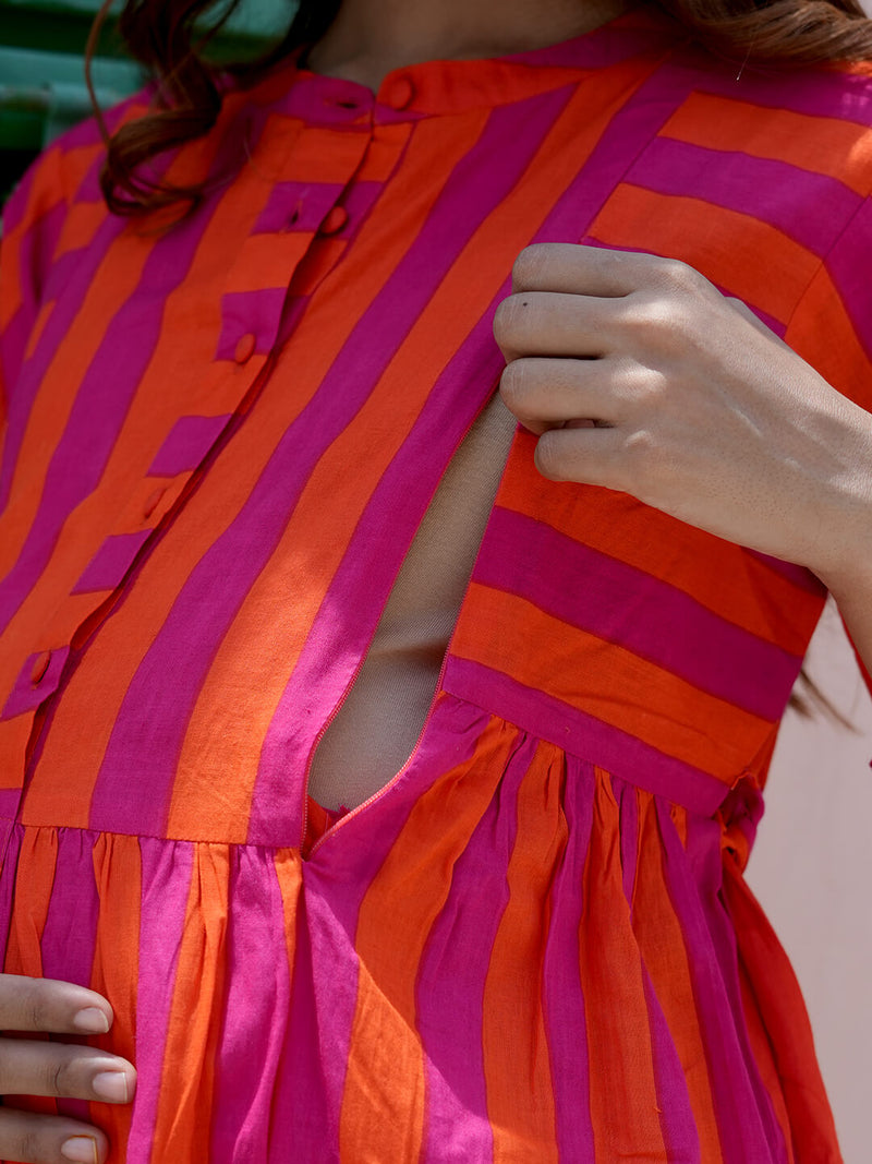 Orange Fuchsia Striped Printed Maternity & Nursing Midi Dress with Concealed Feeding Zippers