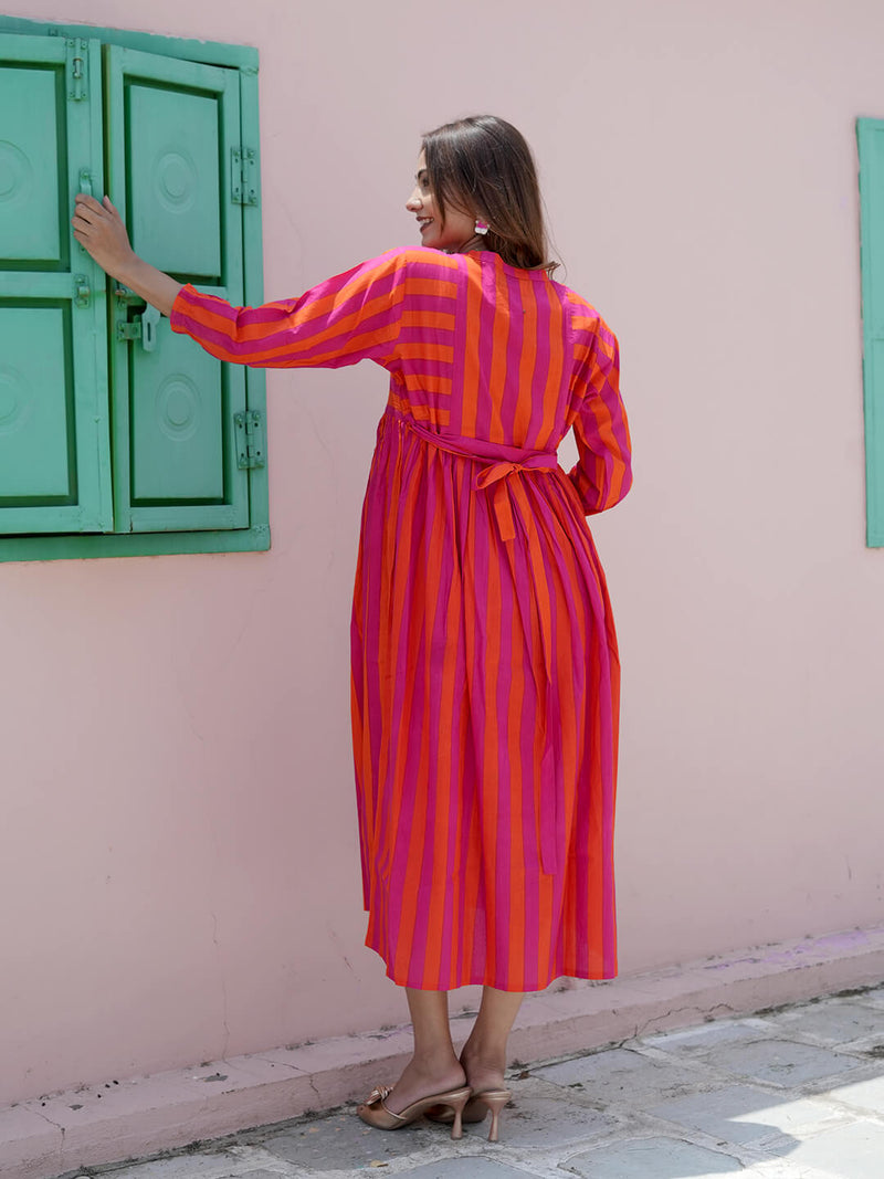 Orange Fuchsia Striped Printed Maternity & Nursing Midi Dress with Concealed Feeding Zippers