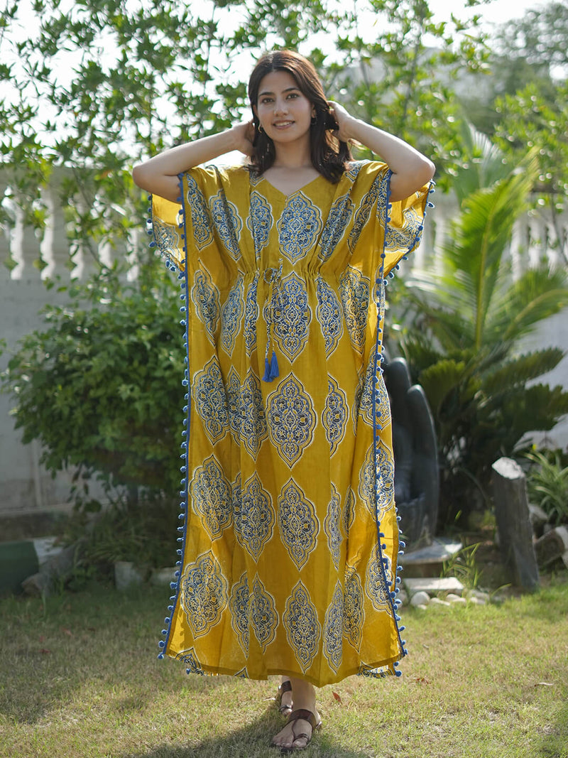 Mustard Indigo Ethnic Print Feeding-Friendly Maternity Kaftan Dress