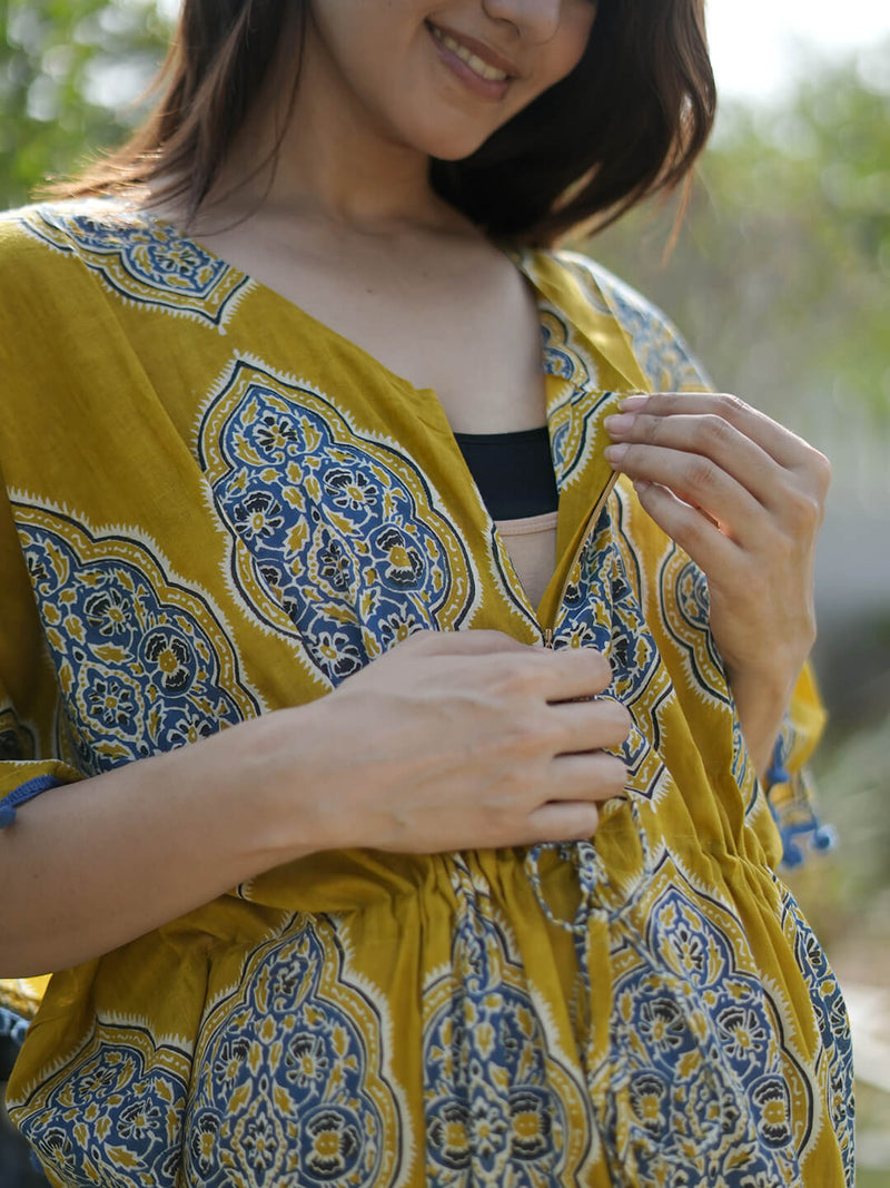 Mustard Indigo Ethnic Print Feeding-Friendly Maternity Kaftan Dress