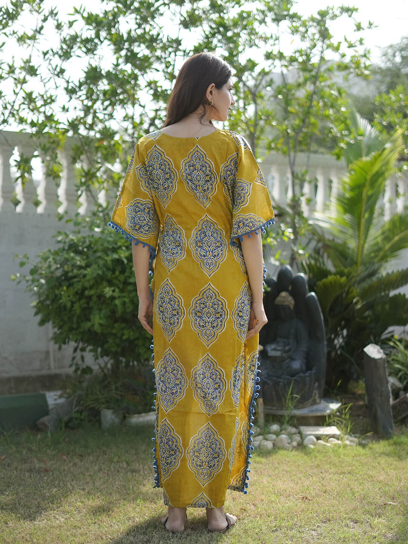 Mustard Indigo Ethnic Print Feeding-Friendly Maternity Kaftan Dress