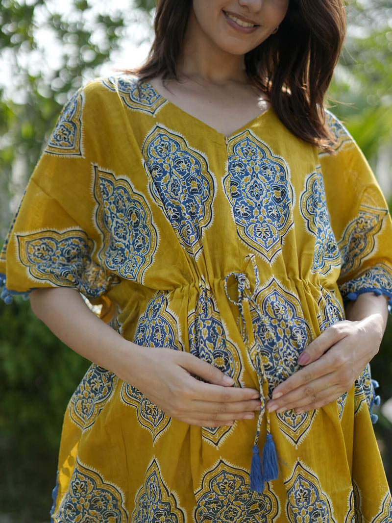 Mustard Indigo Ethnic Print Feeding-Friendly Maternity Kaftan Dress