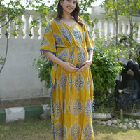 Mustard Indigo Ethnic Print Feeding-Friendly Maternity Kaftan Dress