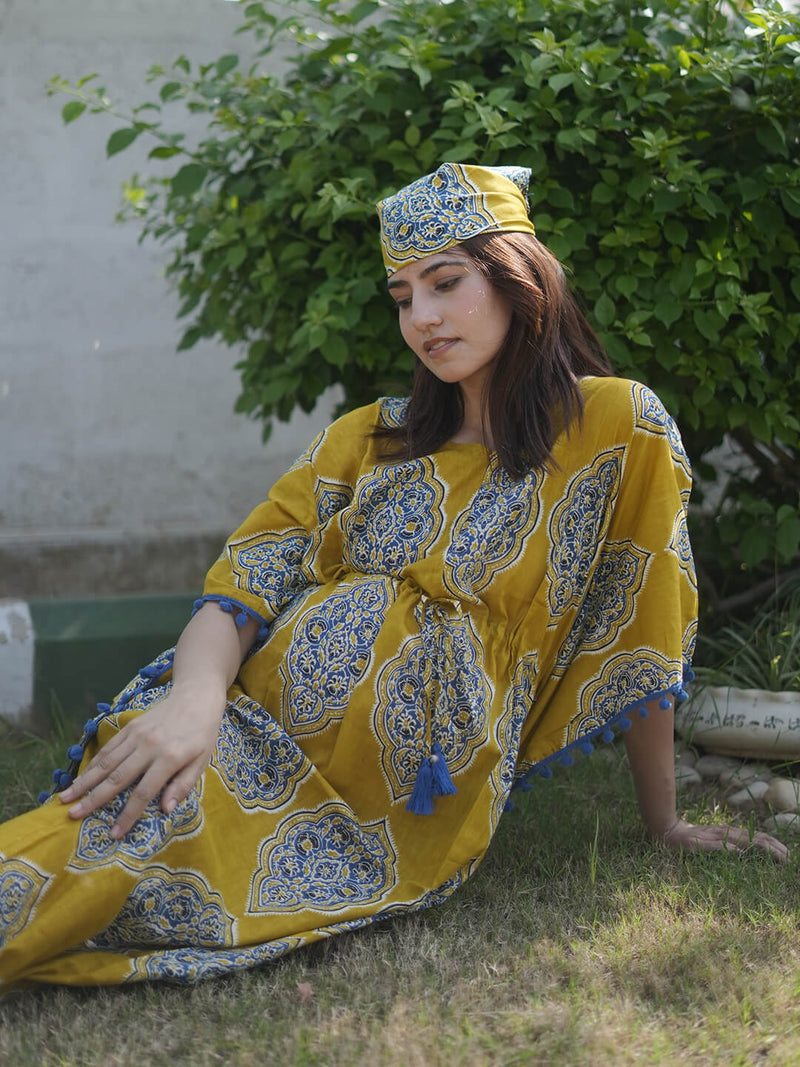 Mustard Indigo Ethnic Print Feeding-Friendly Maternity Kaftan Dress