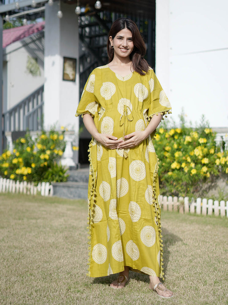 Olive Green Ethnic Print Feeding-Friendly Maternity Kaftan Dress