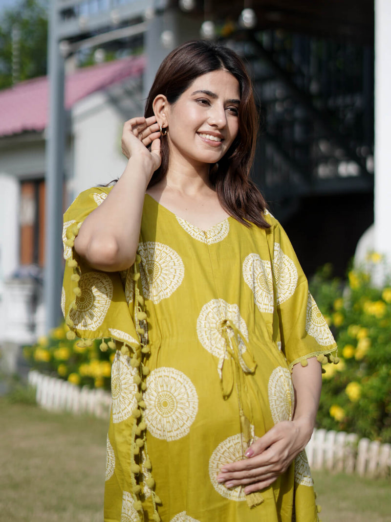 Olive Green Ethnic Print Feeding-Friendly Maternity Kaftan Dress