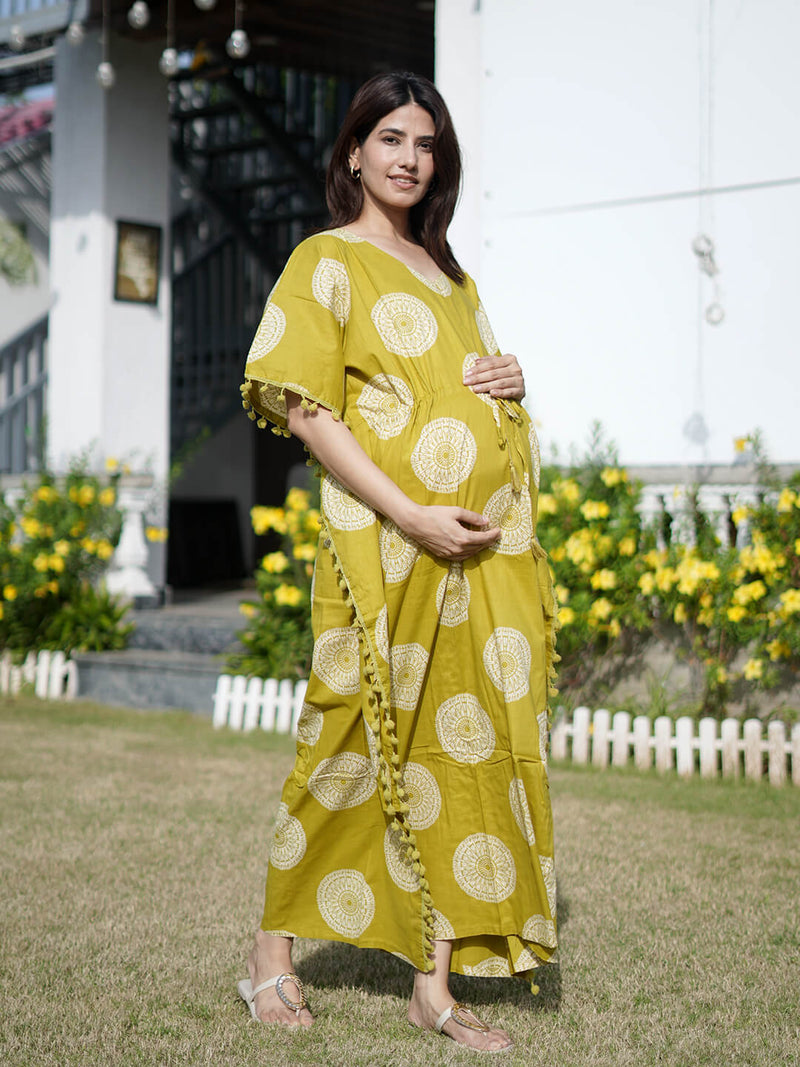 Olive Green Ethnic Print Feeding-Friendly Maternity Kaftan Dress