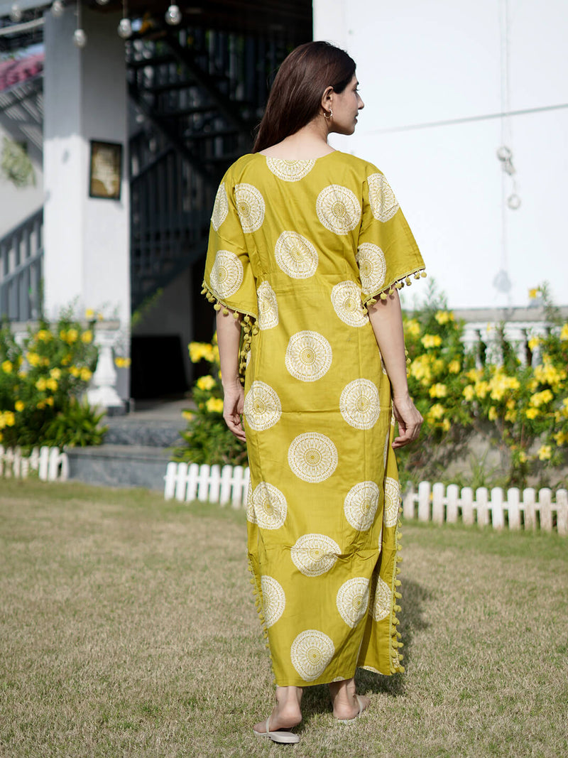 Olive Green Ethnic Print Feeding-Friendly Maternity Kaftan Dress