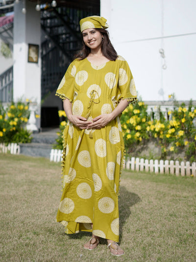 Olive Green Ethnic Print Feeding-Friendly Maternity Kaftan Dress