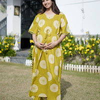 Olive Green Ethnic Print Feeding-Friendly Maternity Kaftan Dress