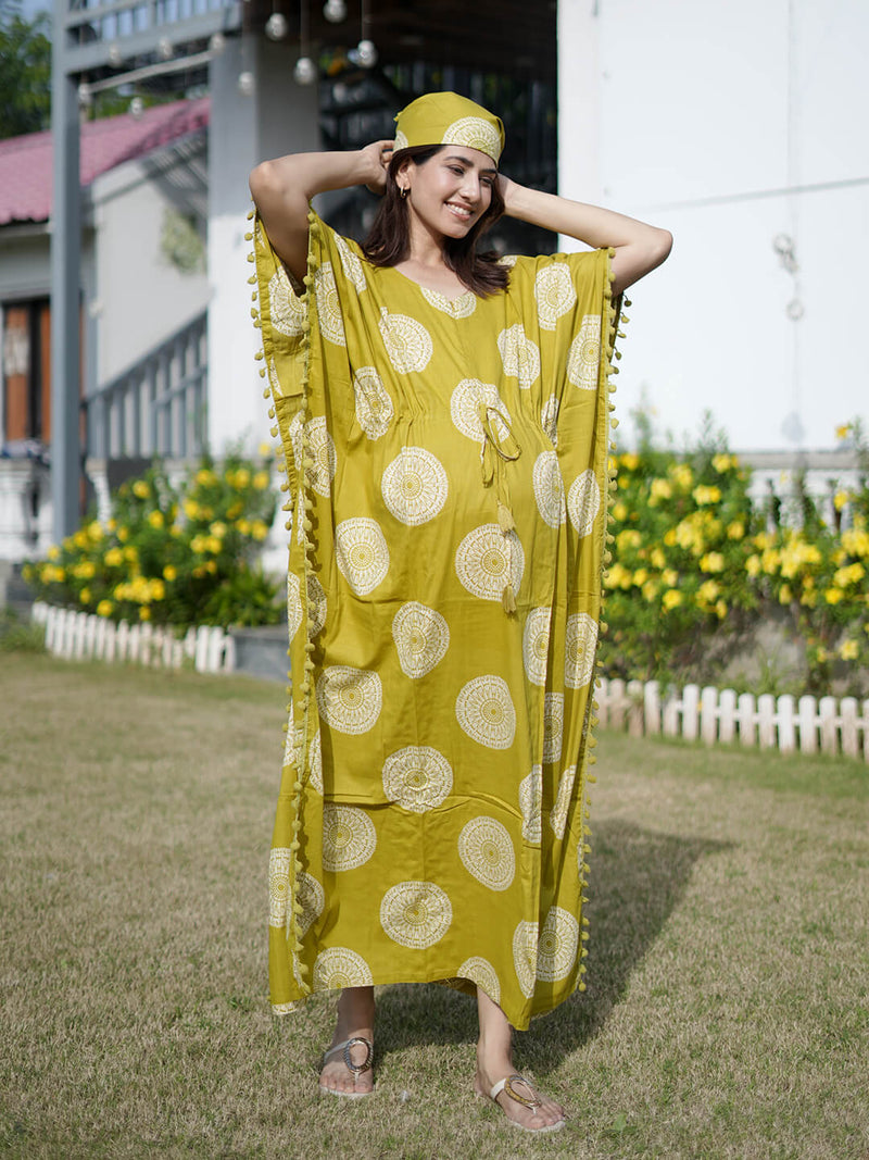 Olive Green Ethnic Print Feeding-Friendly Maternity Kaftan Dress