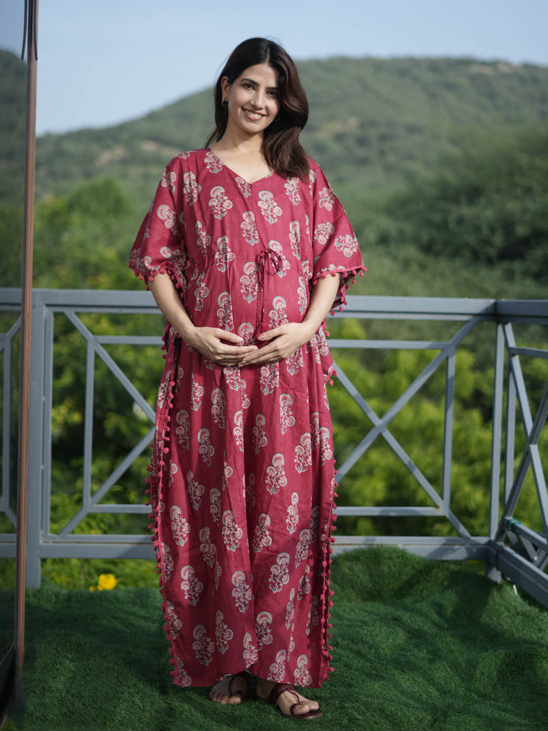 Maroon Ethnic Print Feeding-Friendly Maternity Kaftan Dress