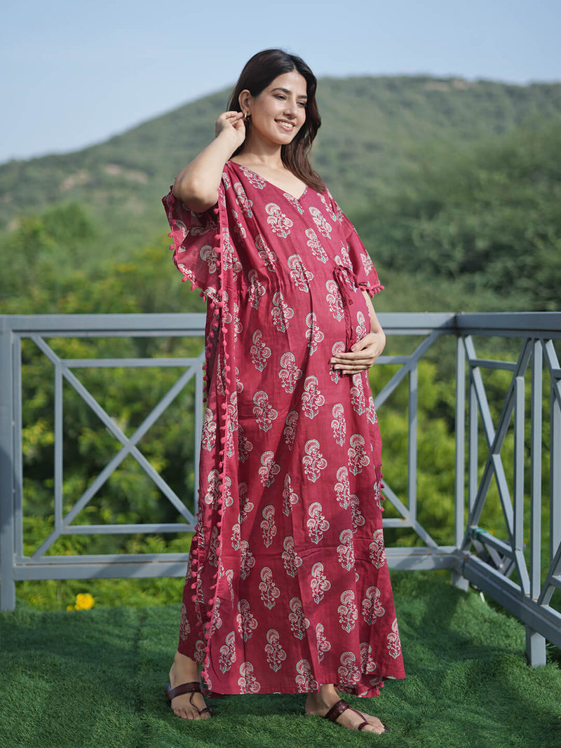 Maroon Ethnic Print Feeding-Friendly Maternity Kaftan Dress