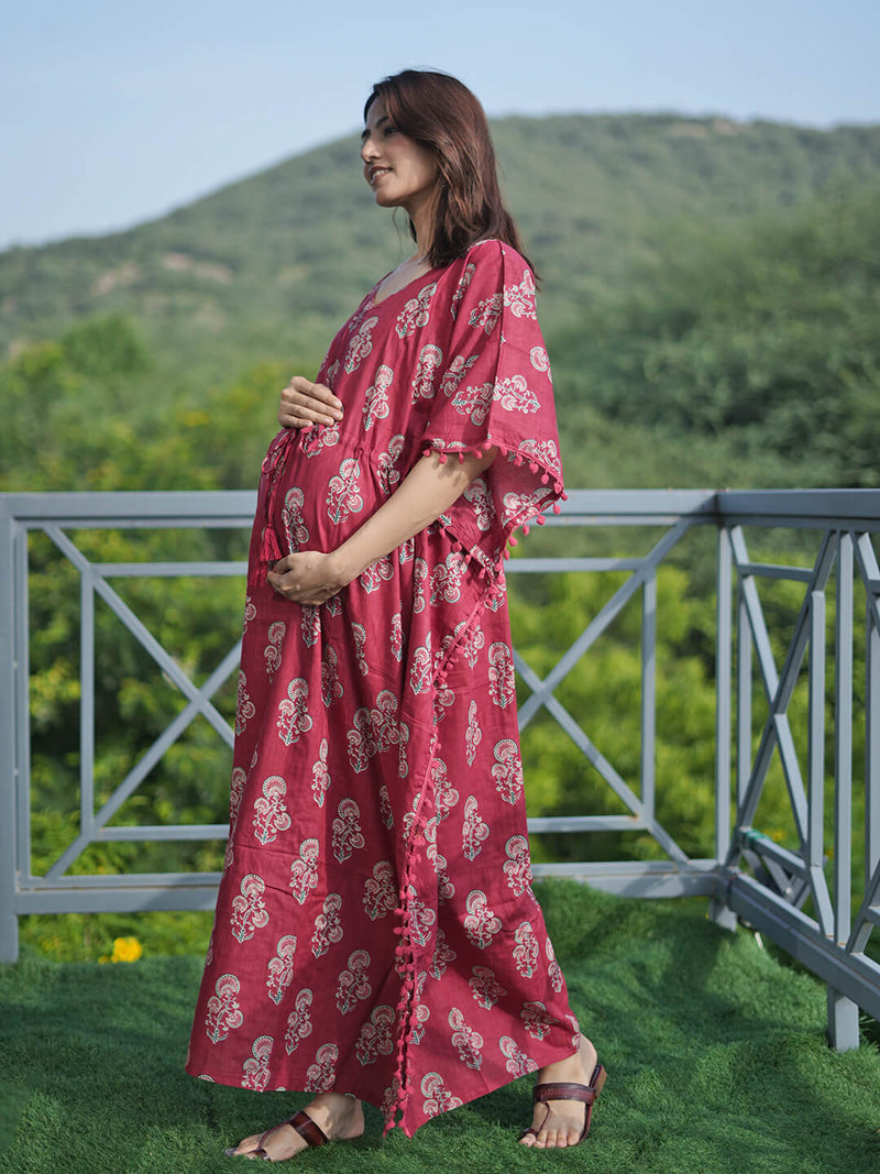 Maroon Ethnic Print Feeding-Friendly Maternity Kaftan Dress