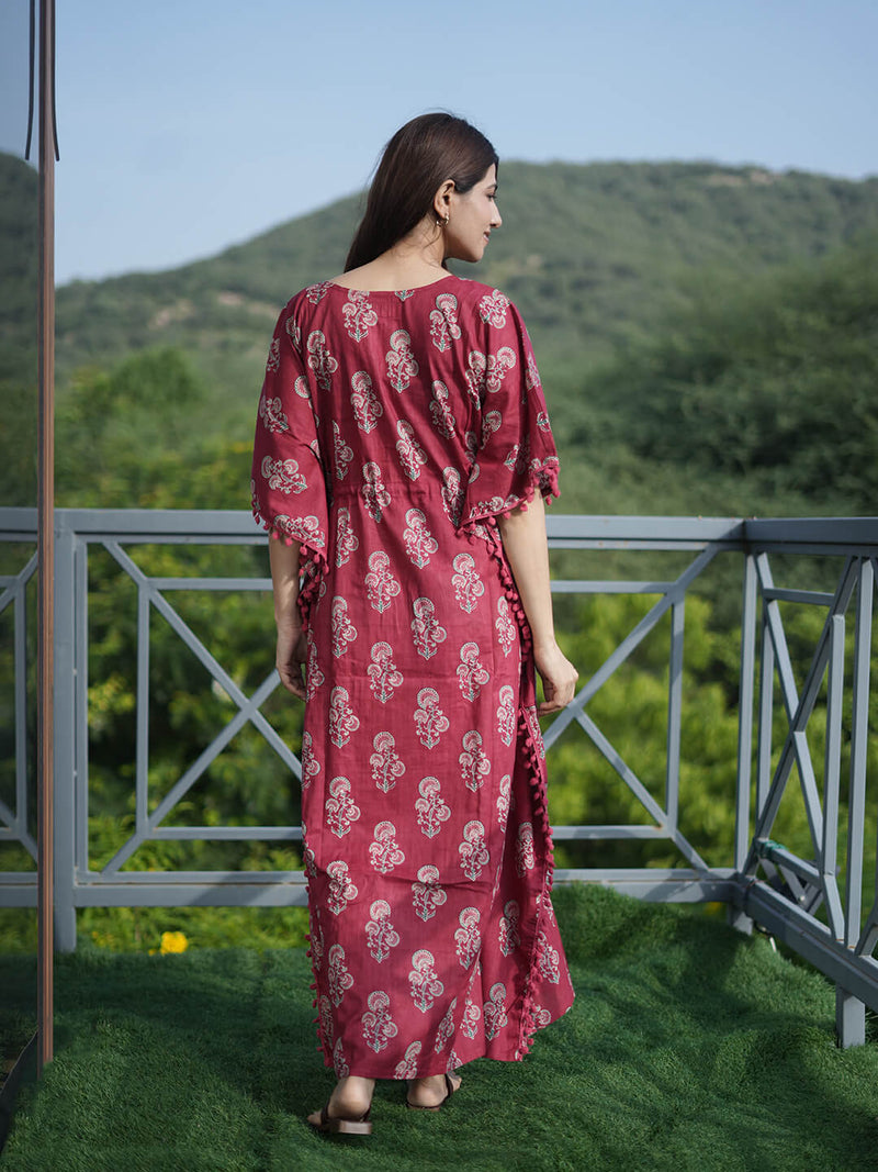 Maroon Ethnic Print Feeding-Friendly Maternity Kaftan Dress