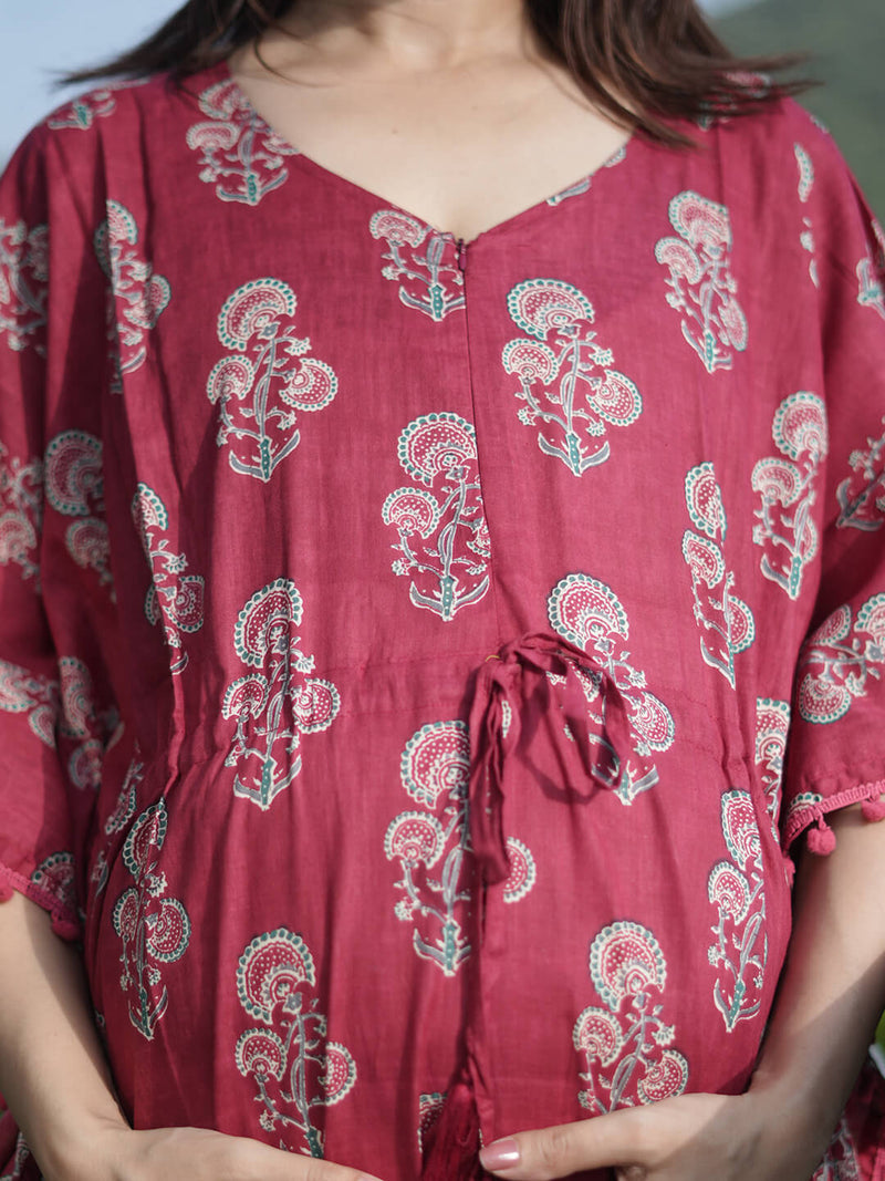 Maroon Ethnic Print Feeding-Friendly Maternity Kaftan Dress