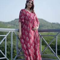 Maroon Ethnic Print Feeding-Friendly Maternity Kaftan Dress