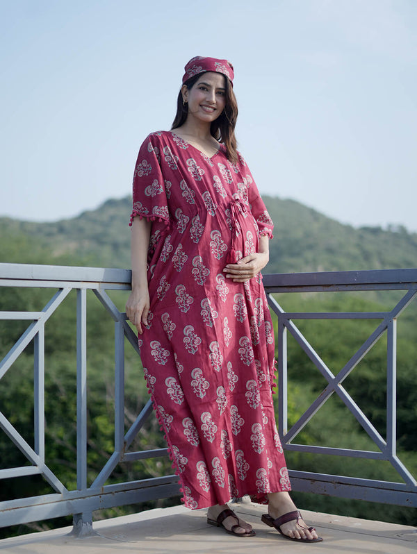 Maroon Ethnic Print Feeding-Friendly Maternity Kaftan Dress