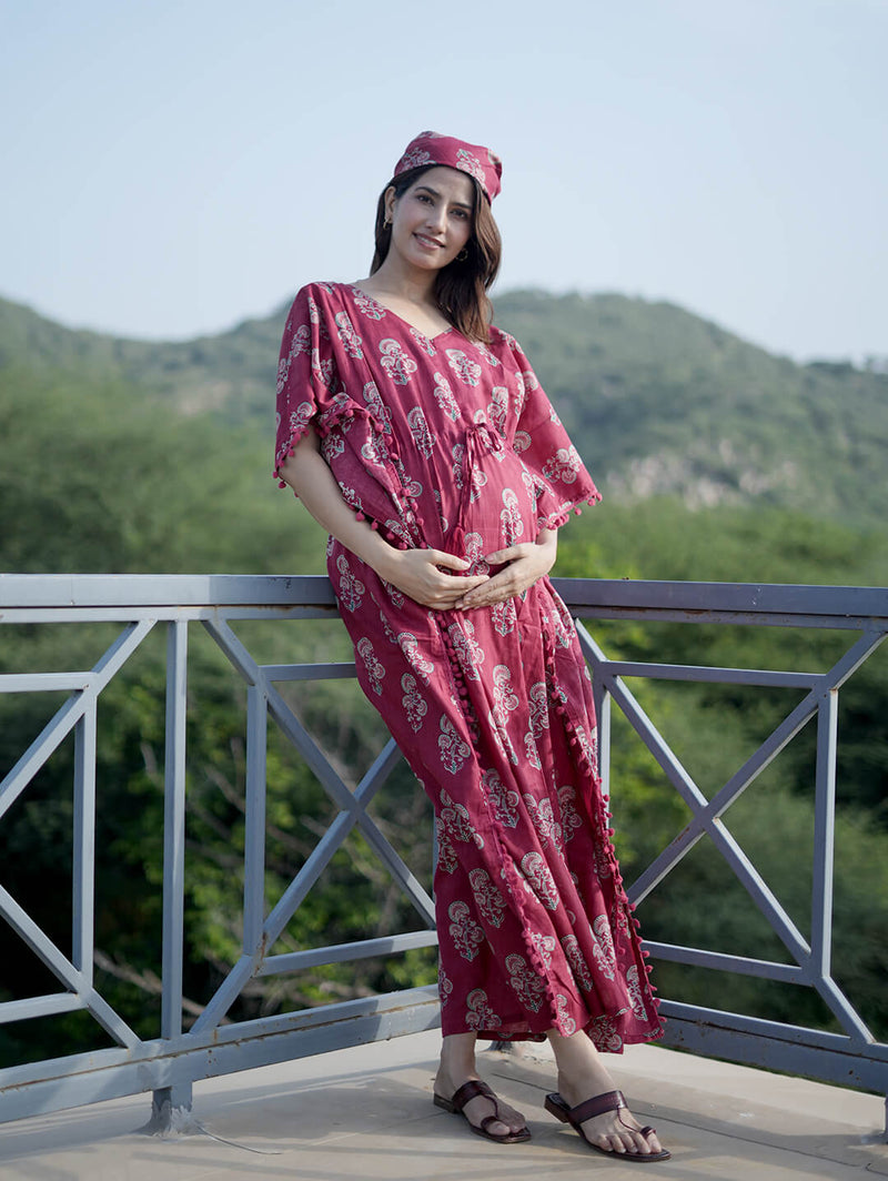 Maroon Ethnic Print Feeding-Friendly Maternity Kaftan Dress