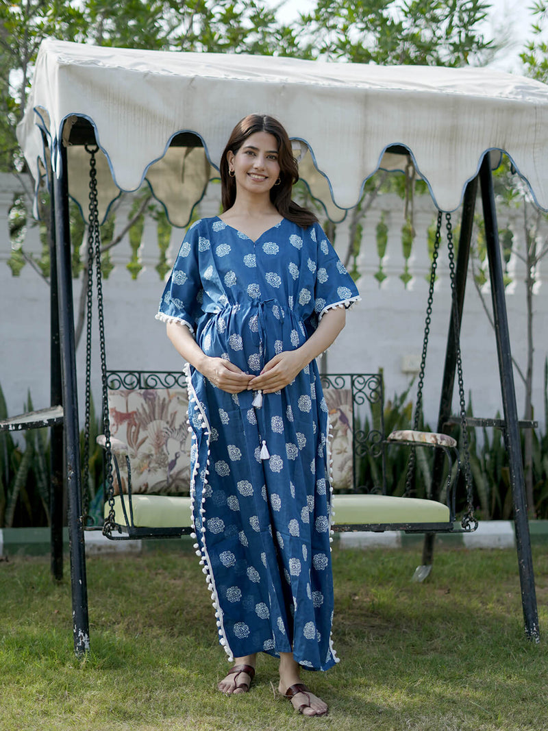 Indigo Floral Print Feeding-Friendly Maternity Kaftan Dress