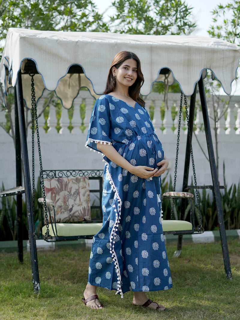 Indigo Floral Print Feeding-Friendly Maternity Kaftan Dress