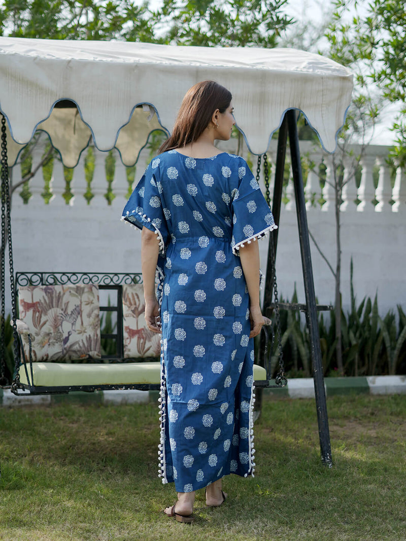 Indigo Floral Print Feeding-Friendly Maternity Kaftan Dress
