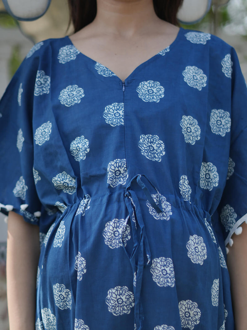 Indigo Floral Print Feeding-Friendly Maternity Kaftan Dress