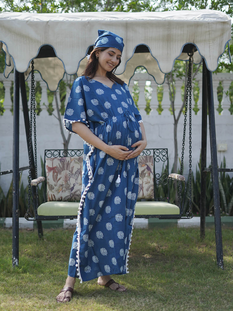 Indigo Floral Print Feeding-Friendly Maternity Kaftan Dress