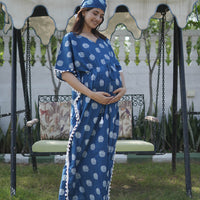 Indigo Floral Print Feeding-Friendly Maternity Kaftan Dress