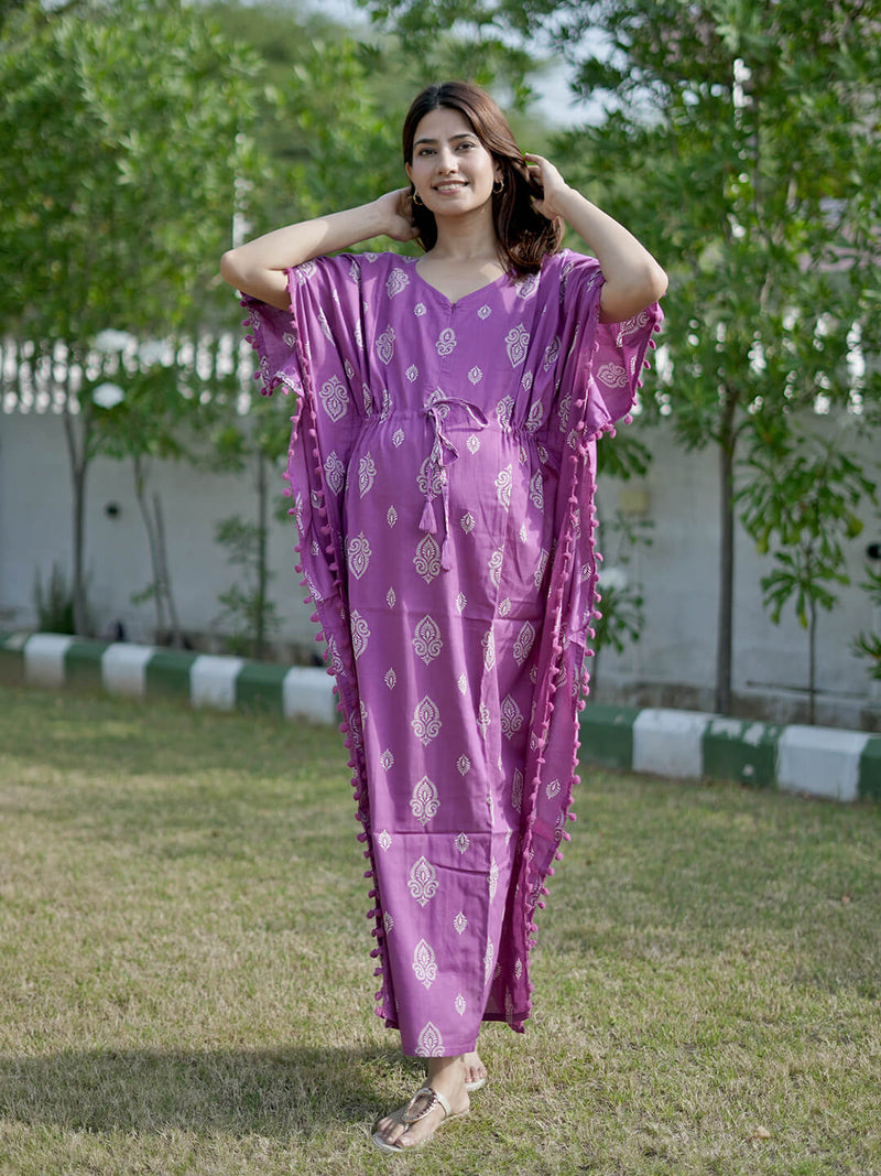 Purple Ethnic Print Feeding-Friendly Maternity Kaftan Dress