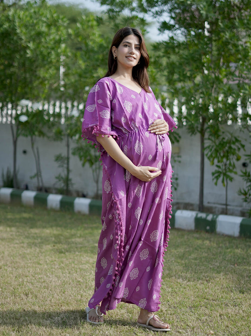 Purple Ethnic Print Feeding-Friendly Maternity Kaftan Dress