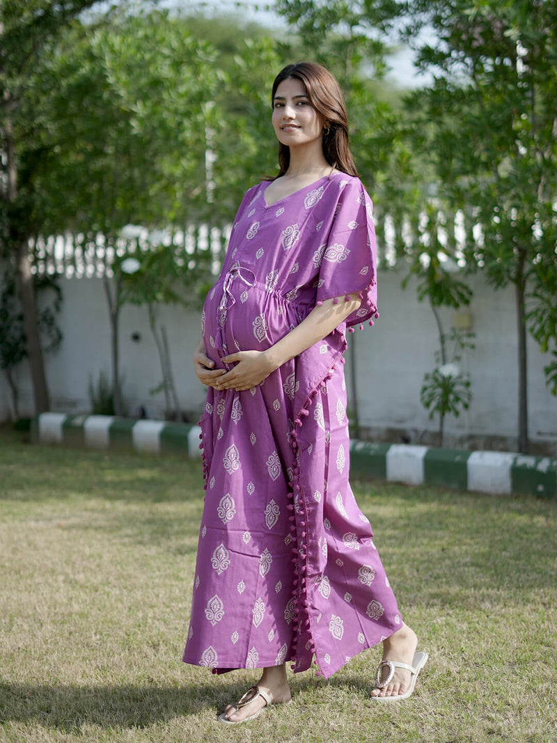 Purple Ethnic Print Feeding-Friendly Maternity Kaftan Dress