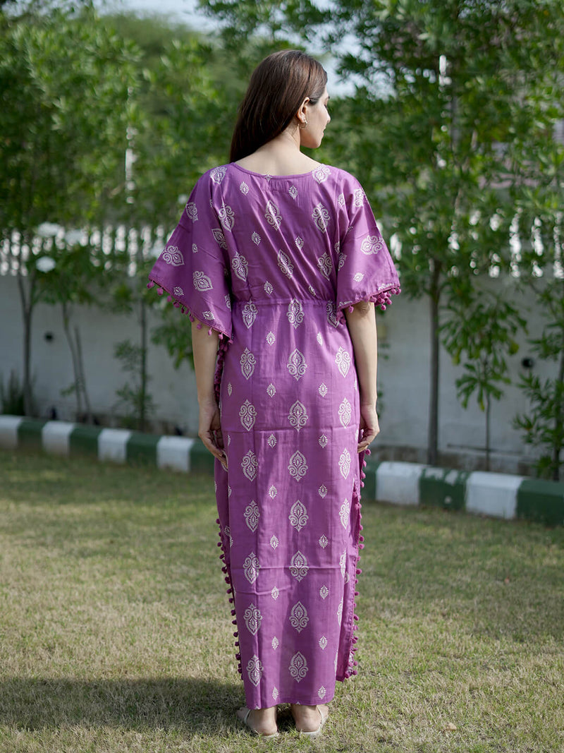 Purple Ethnic Print Feeding-Friendly Maternity Kaftan Dress