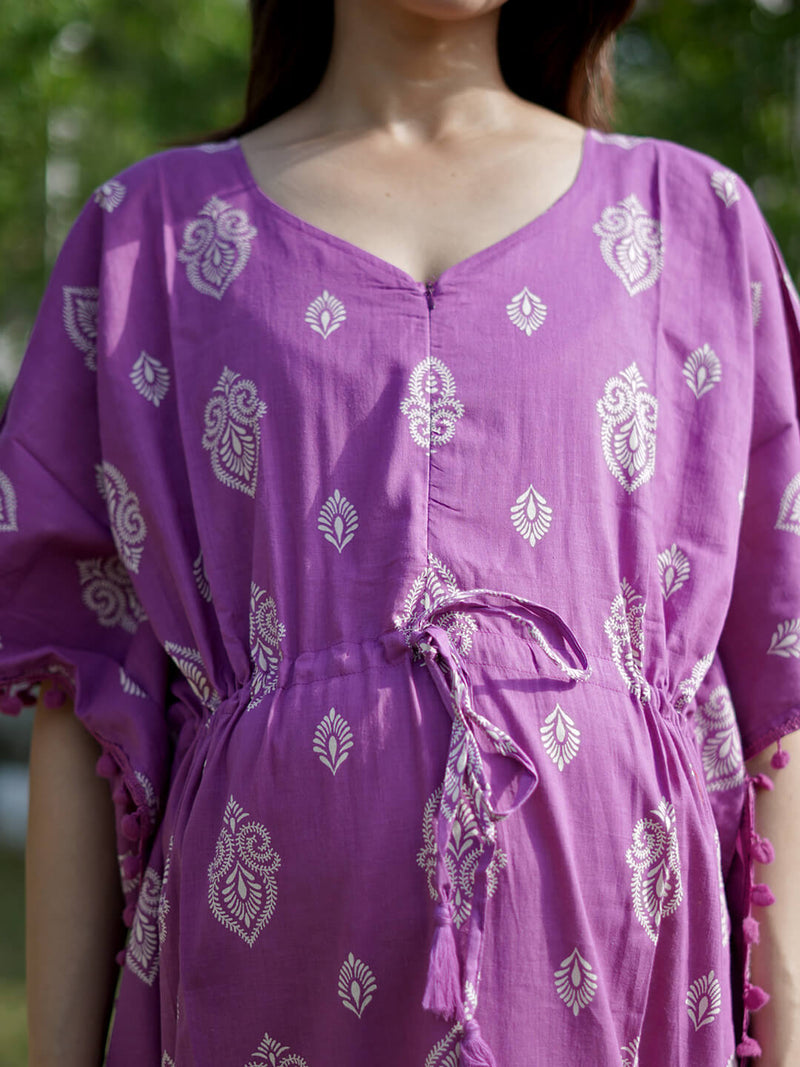 Purple Ethnic Print Feeding-Friendly Maternity Kaftan Dress