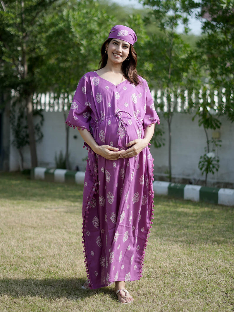 Purple Ethnic Print Feeding-Friendly Maternity Kaftan Dress