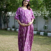 Purple Ethnic Print Feeding-Friendly Maternity Kaftan Dress