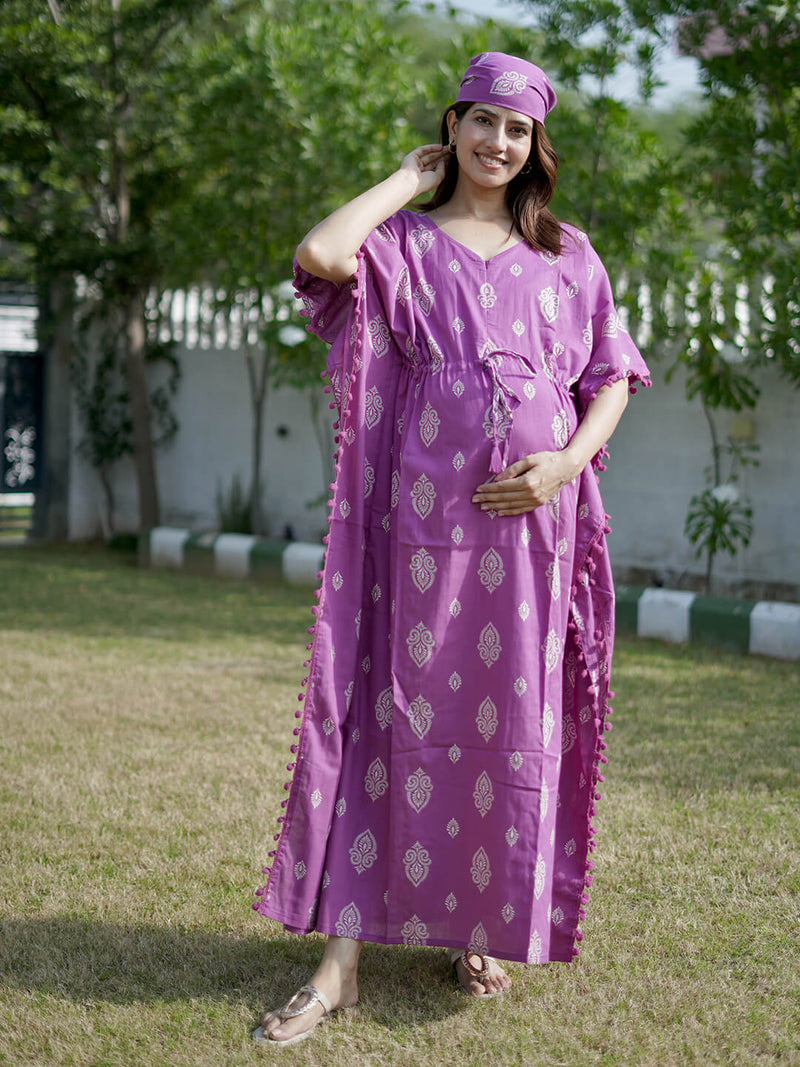 Purple Ethnic Print Feeding-Friendly Maternity Kaftan Dress