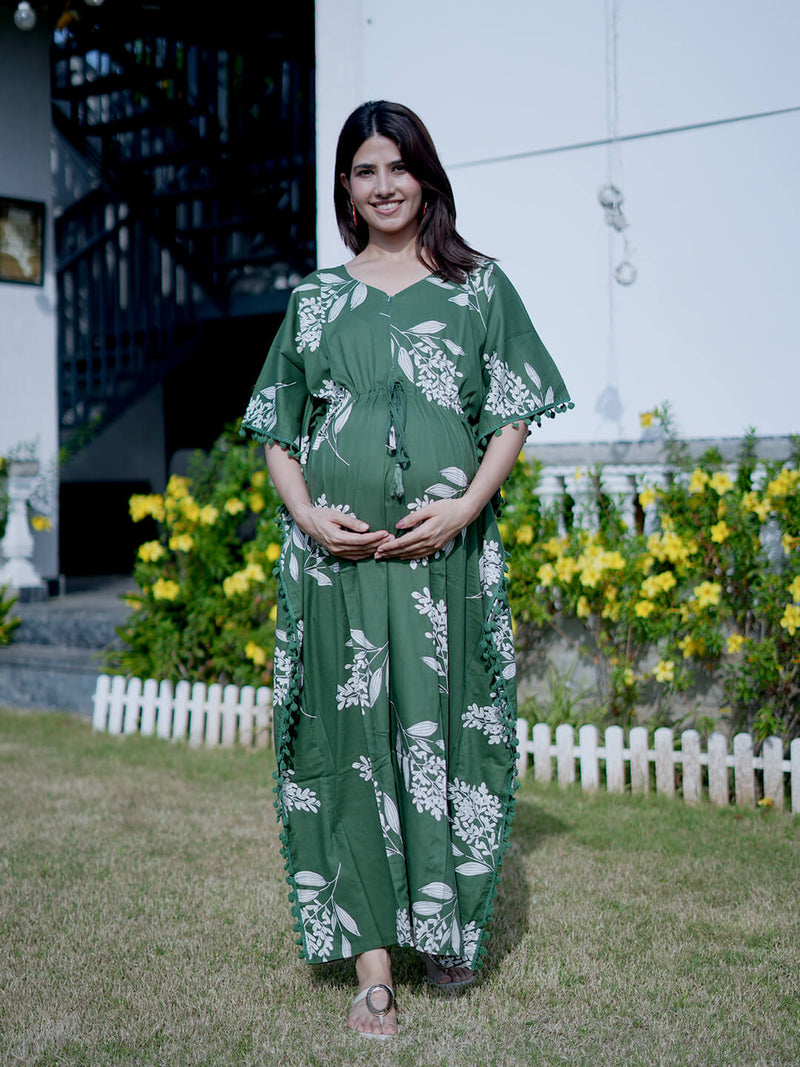 Bottle Green Tropical Print Feeding-Friendly Maternity Kaftan Dress