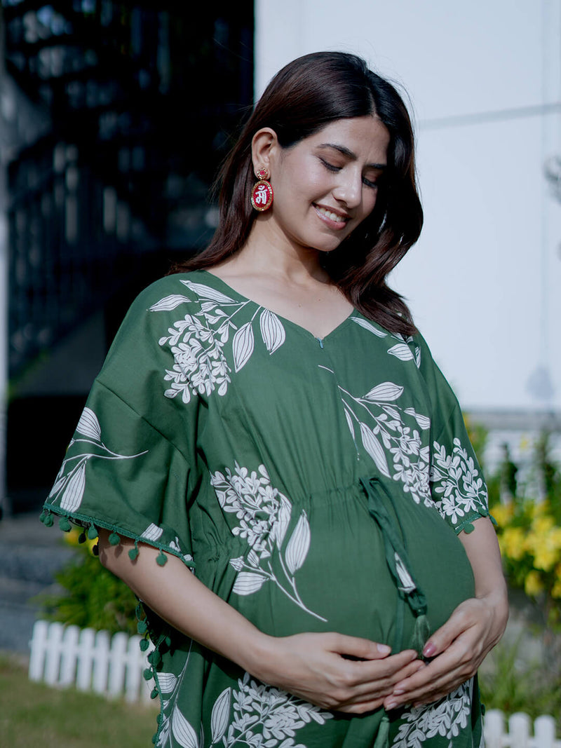 Bottle Green Tropical Print Feeding-Friendly Maternity Kaftan Dress