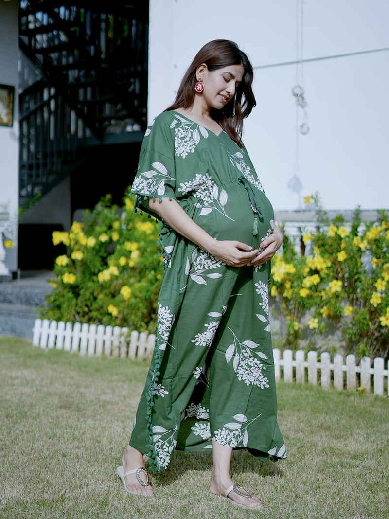 Bottle Green Tropical Print Feeding-Friendly Maternity Kaftan Dress
