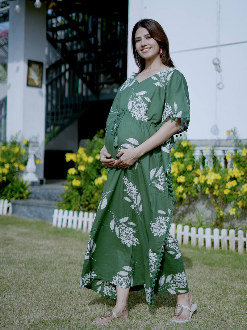 Bottle Green Tropical Print Feeding-Friendly Maternity Kaftan Dress