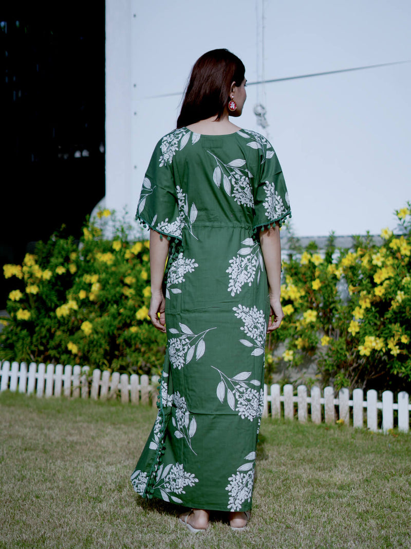 Bottle Green Tropical Print Feeding-Friendly Maternity Kaftan Dress