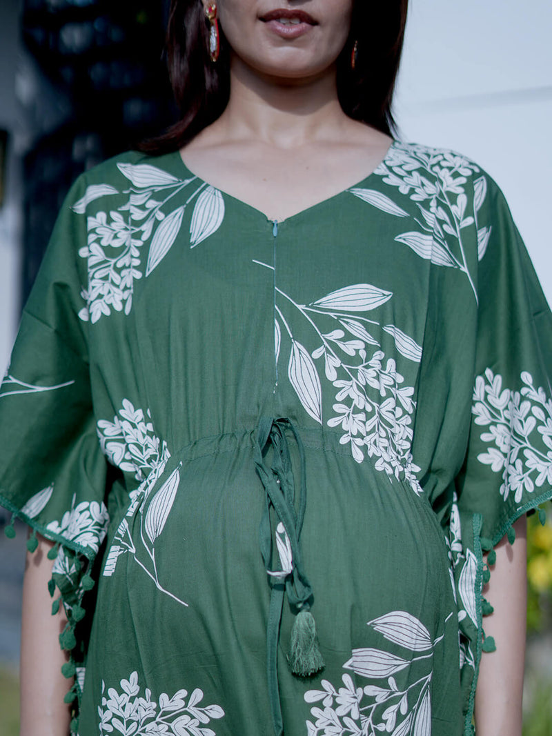 Bottle Green Tropical Print Feeding-Friendly Maternity Kaftan Dress